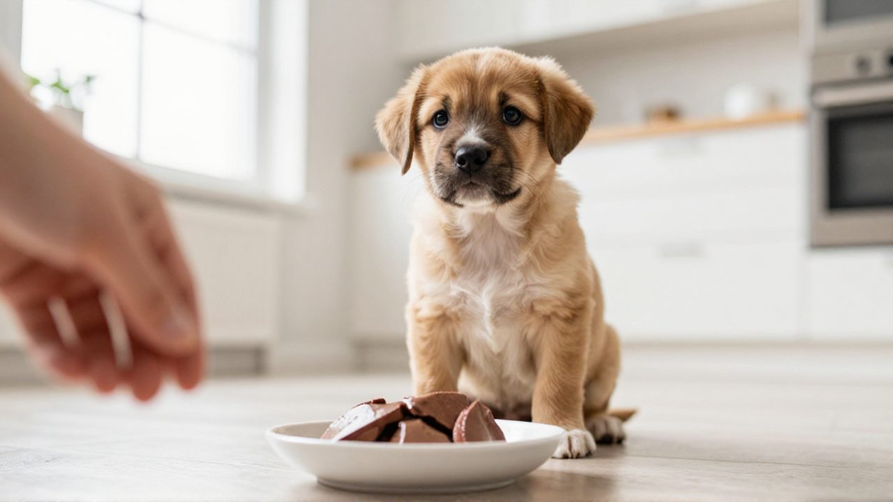 Un cachorro atento espera frente a un pequeño cuenco con trozos de hígado de pollo cocido en una cocina luminosa.