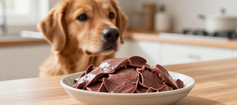 Un cuenco de cerámica con trozos de hígado de pollo cocinado sobre una encimera de madera, con un perro interesado al fondo.