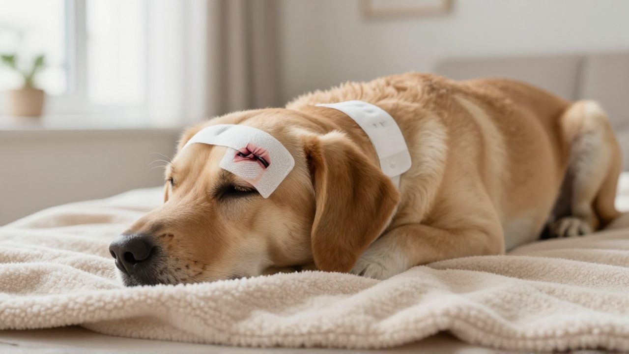 Perro descansando sobre una manta tras una cirugía, con un vendaje veterinario limpio sobre su costado.