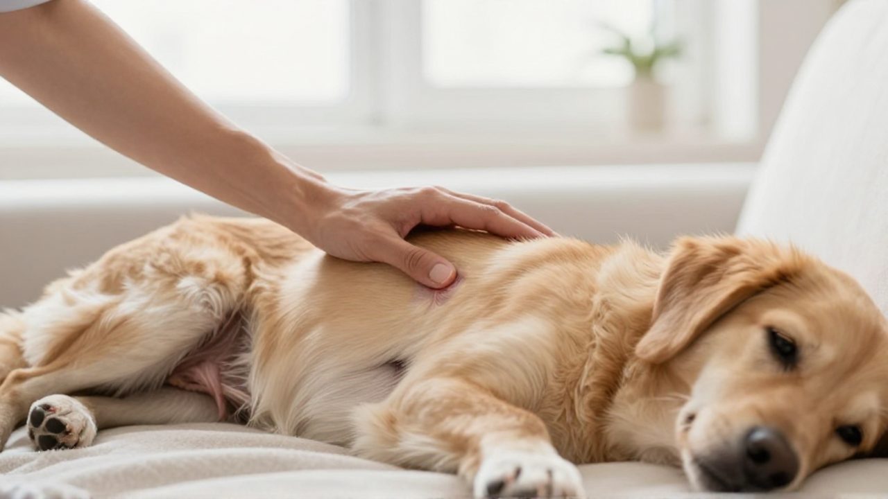 Una persona observa con cuidado la zona del abdomen de un perro que descansa sobre una manta en una estancia iluminada.