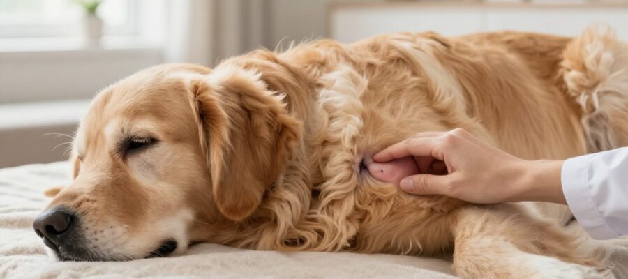 Un veterinario observa de cerca una ligera inflamación bajo la piel de un perro golden retriever junto a una incisión quirúrgica.