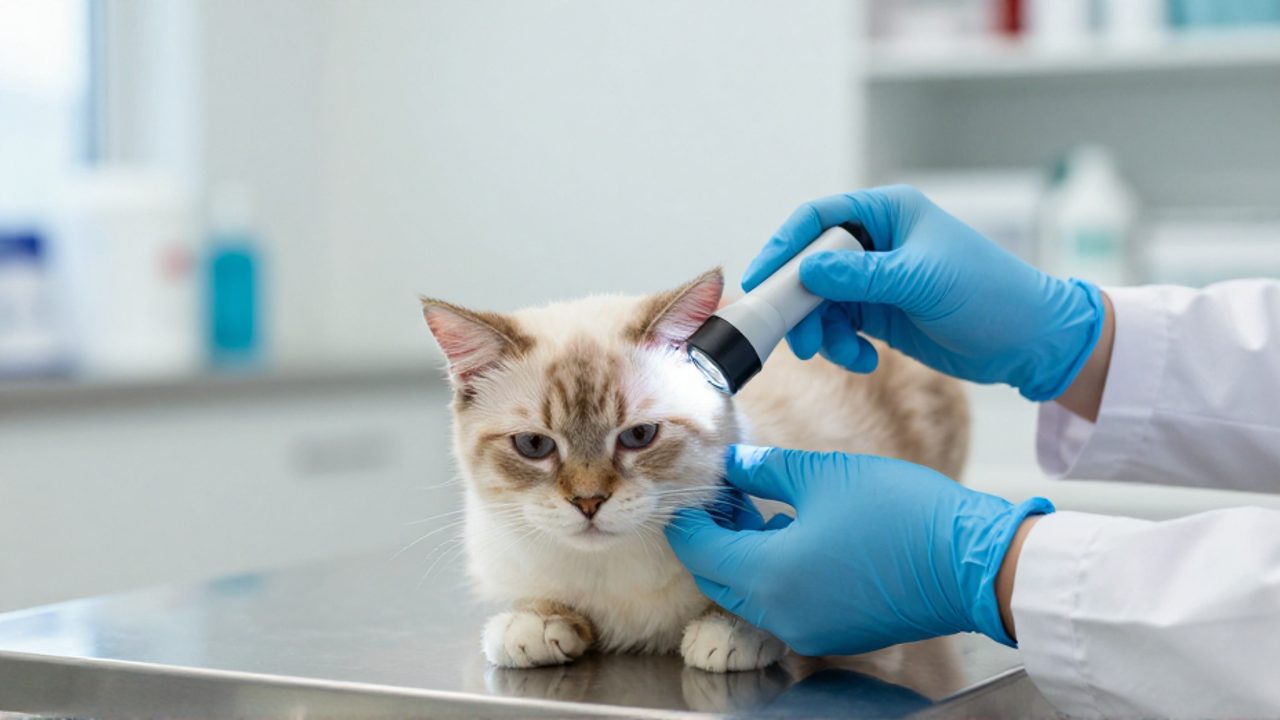 Un veterinario utiliza una lámpara de Wood para examinar una zona con pérdida de pelo en la oreja de un gato sobre una mesa de exploración.