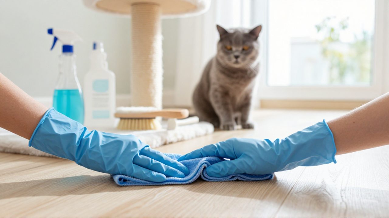 Unas manos con guantes azules limpian el suelo y la base de un rascador para gatos en una sala luminosa, con un gato sentado al fondo.
