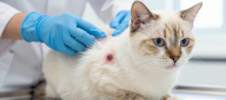 Un veterinario con guantes azules examina una zona de piel con pérdida de pelo en el costado de un gato sobre una mesa de consulta.
