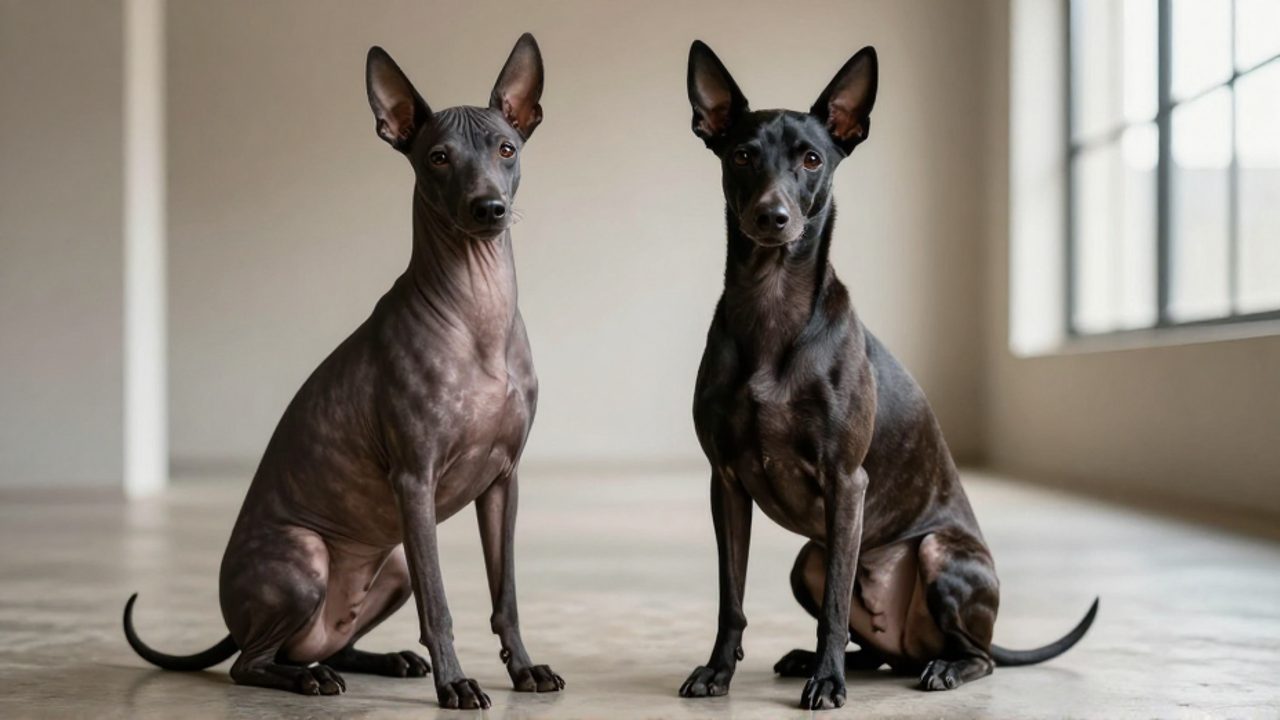 Dos perros xoloitzcuintle sentados uno junto al otro, uno sin pelo de piel oscura y el otro con pelaje corto y suave.