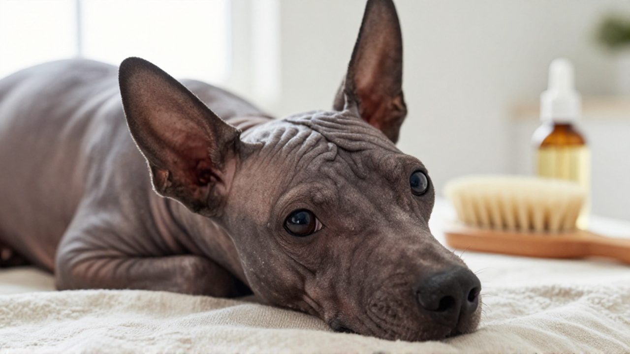 Primer plano de un perro xoloitzcuintle de piel gris oscuro y brillante descansando sobre una superficie de lino, con productos de cuidado dermatológico al fondo.