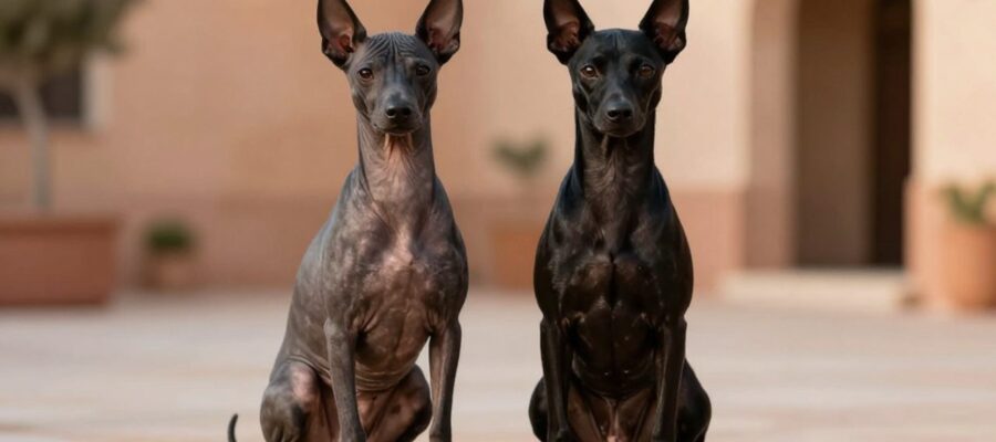 Dos perros xoloitzcuintles sentados uno junto al otro, mostrando la diferencia entre la variedad de piel desnuda y la de pelaje corto.