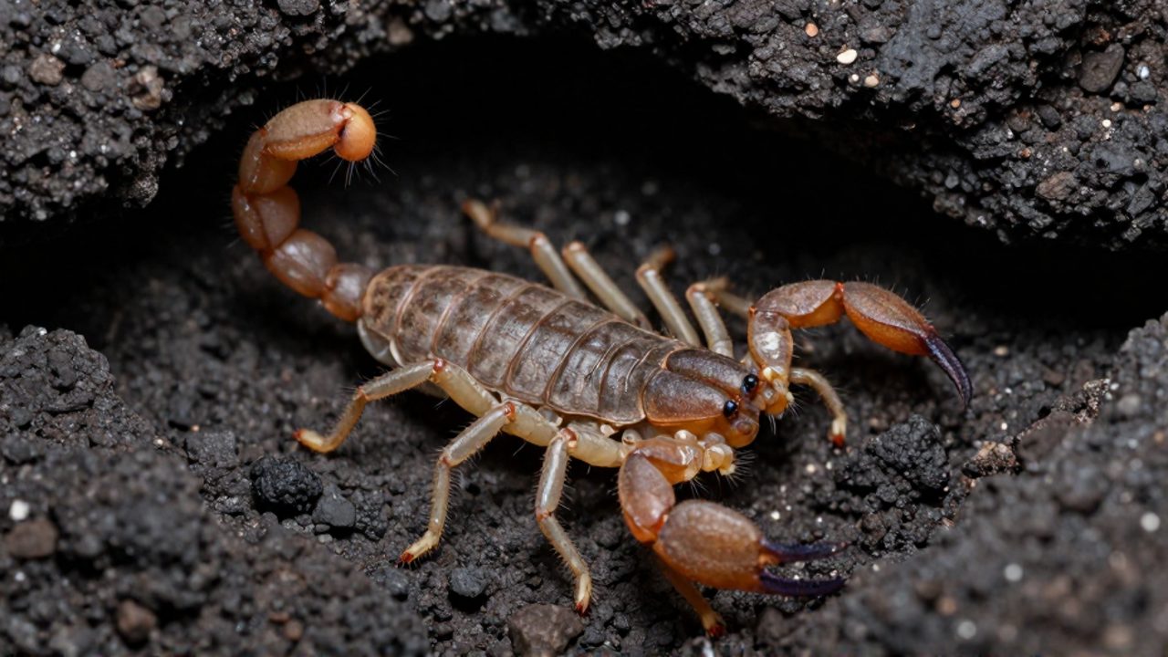 Un alacrán recorre las grietas de una formación de roca volcánica oscura.