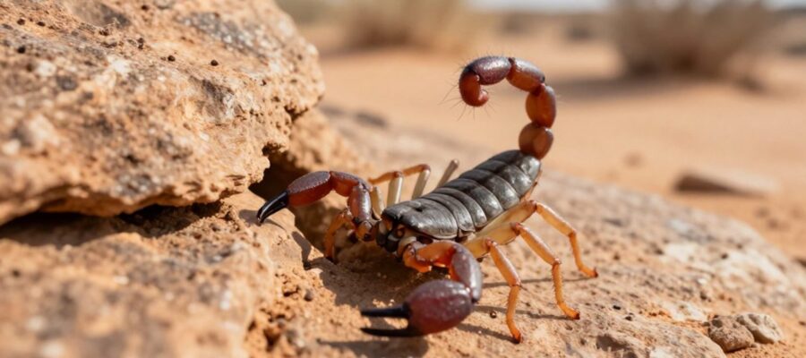 Un alacrán emerge de una grieta en una formación rocosa en un entorno desértico.