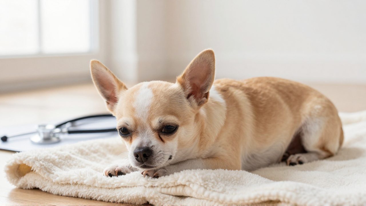 Una hembra de chihuahua descansa tranquilamente sobre una manta suave en un entorno doméstico luminoso y limpio.