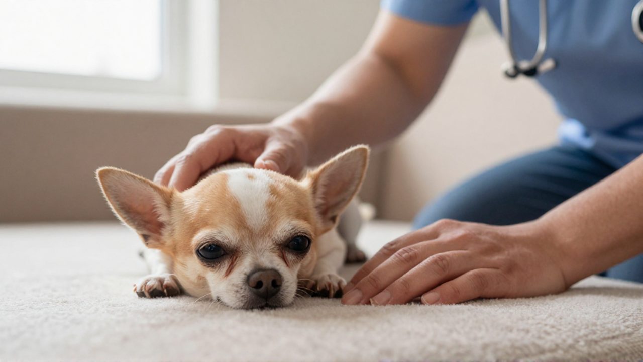 Una dueña acaricia con preocupación a una chihuahua que descansa sobre una manta en un entorno doméstico.