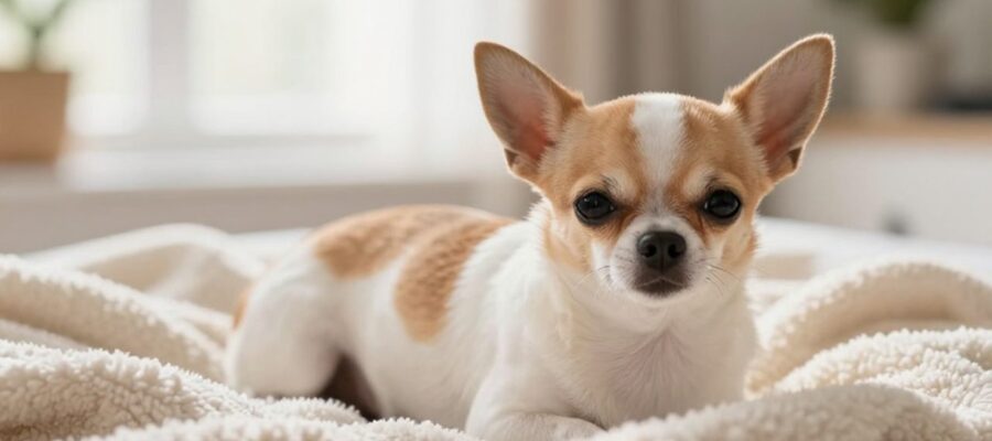 Perra Chihuahua adulta descansando sobre una manta suave con el abdomen ligeramente redondeado.