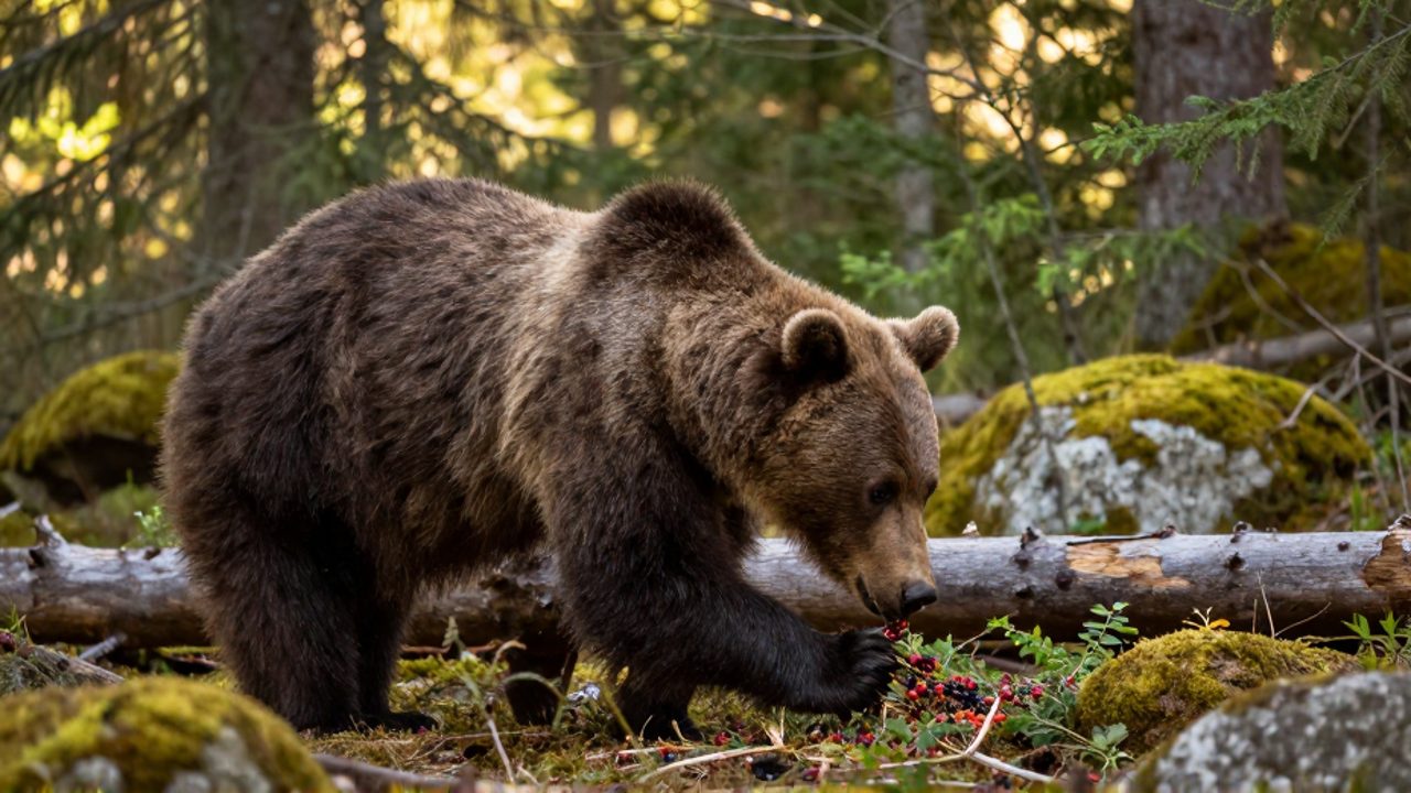 Un oso pardo busca bayas silvestres entre troncos y vegetación en un claro de un bosque iluminado por el sol.