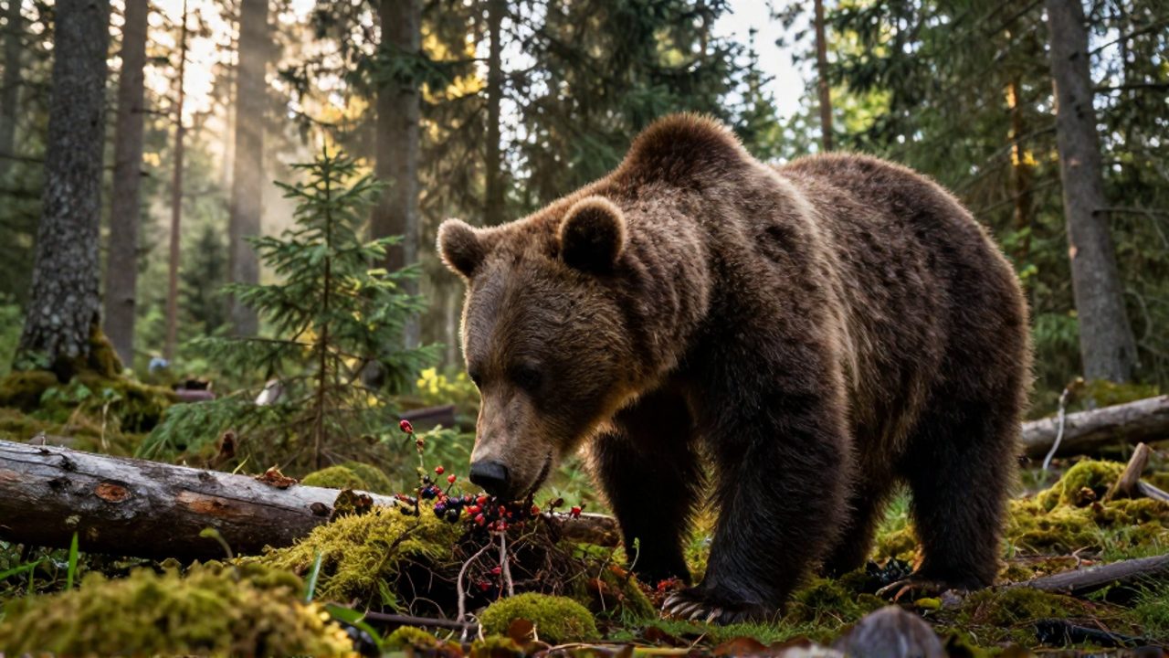 Un oso pardo busca bayas y raíces entre el musgo y los troncos caídos en un bosque de coníferas.