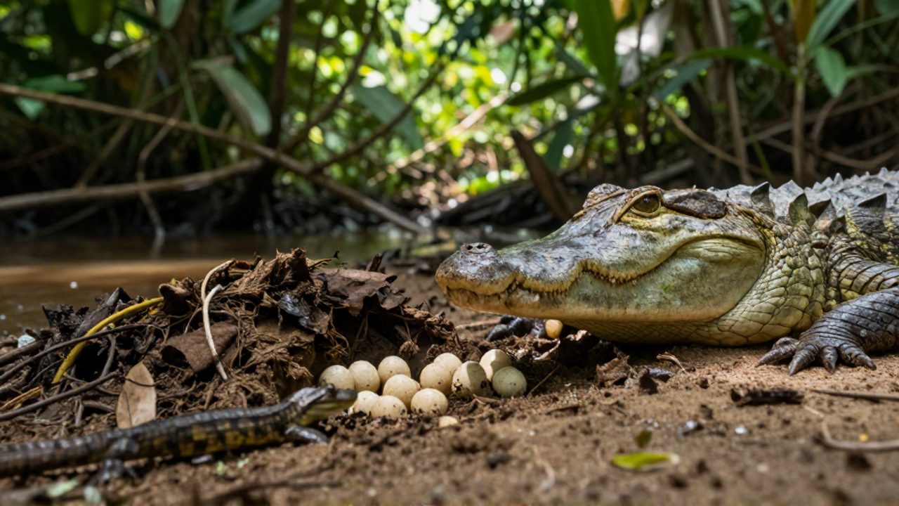 Una cocodrilo hembra custodia un nido de huevos en la orilla de un río tropical mientras un pequeño cría emerge de la arena.