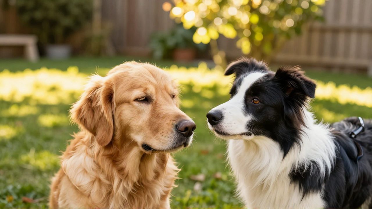 Dos perros de distintas razas interactúan de forma tranquila en un jardín soleado, mostrando señales de calma y lenguaje corporal amistoso.
