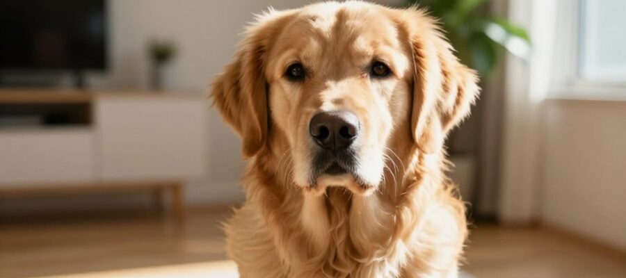 Un Golden Retriever atento y saludable sentado en una sala de estar iluminada por el sol.