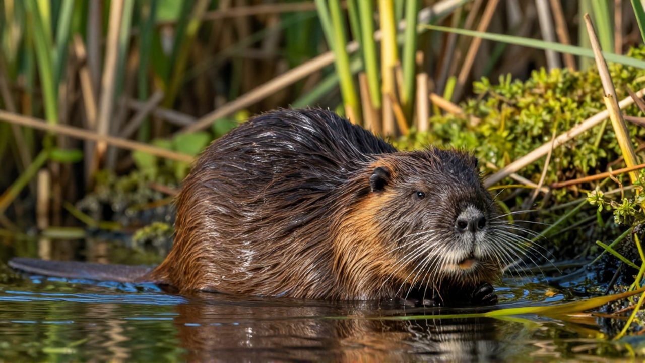 Un coipo de pelaje marrón denso nada parcialmente sumergido cerca de la orilla de un río rodeado de vegetación acuática.