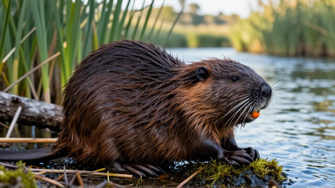 Castor norteamericano sentado en la orilla de un río, destacando su pelaje marrón oscuro y sus grandes incisivos anaranjados.