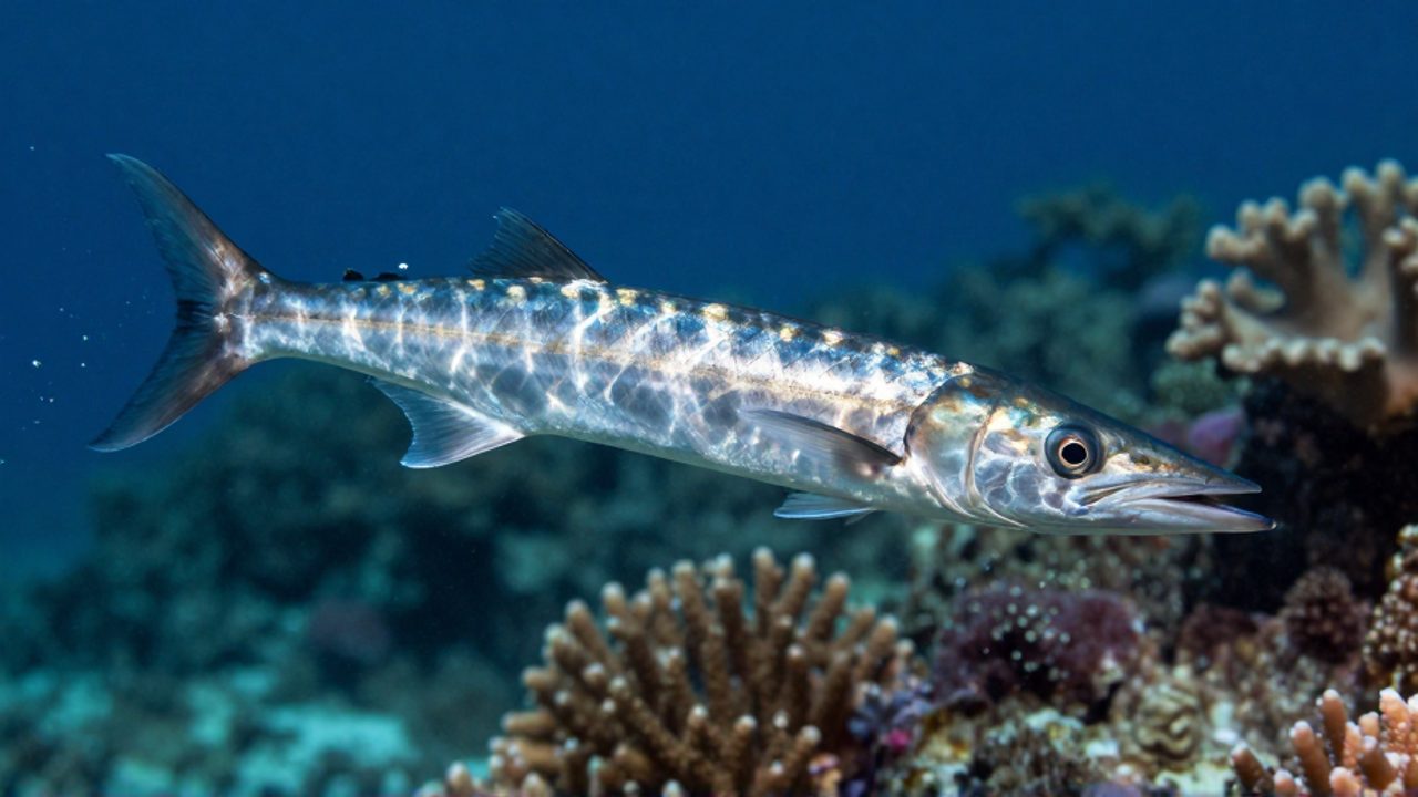 Una barracuda plateada nada a gran velocidad para atacar su presa en un arrecife de coral vibrante.