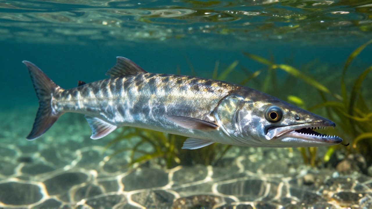 Perfil lateral de un pez depredador con cuerpo hidrodinámico y dientes afilados nadando en un entorno de río con vegetación acuática.