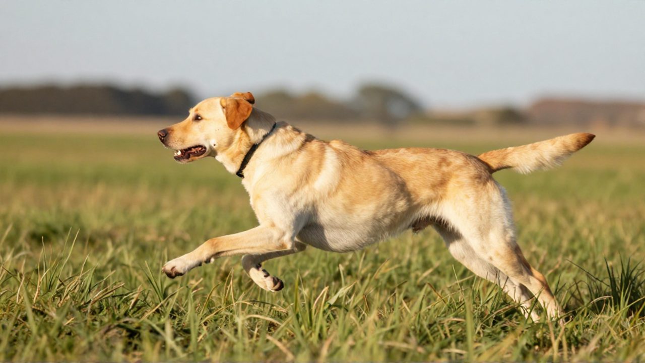 Labrador Retriever americano de complexión atlética y delgada corriendo a gran velocidad por un campo de hierba verde.