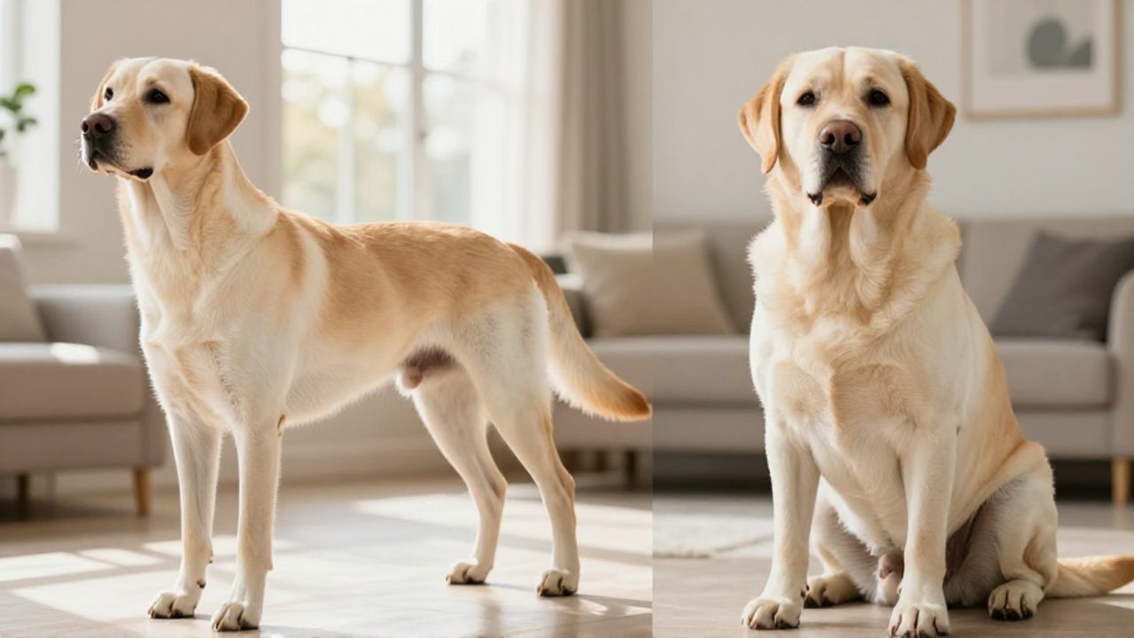 Comparativa entre un Labrador americano de complexión delgada y atlética junto a un Labrador inglés de cuerpo robusto y compacto en una sala de estar.