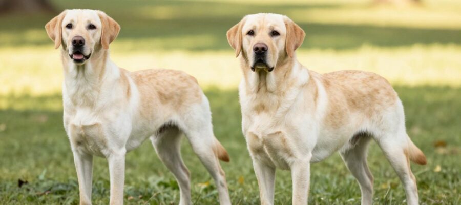 Dos perros Labrador comparados de pie en un parque, mostrando la complexión delgada y atlética del tipo americano frente al cuerpo robusto y compacto del tipo inglés.