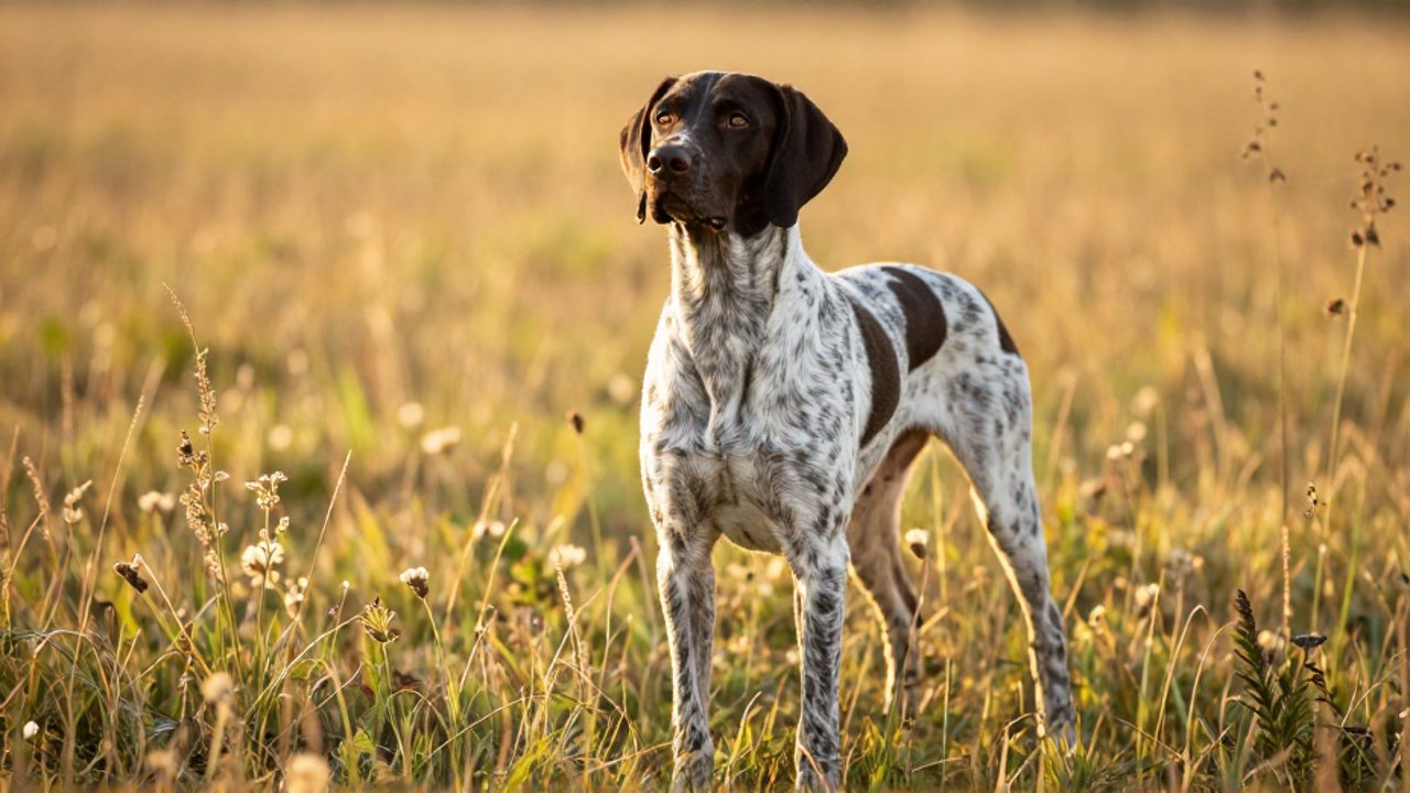 Un perro Pointer Alemán de pelo corto y manchas oscuras permanece alerta en un prado iluminado por el sol.