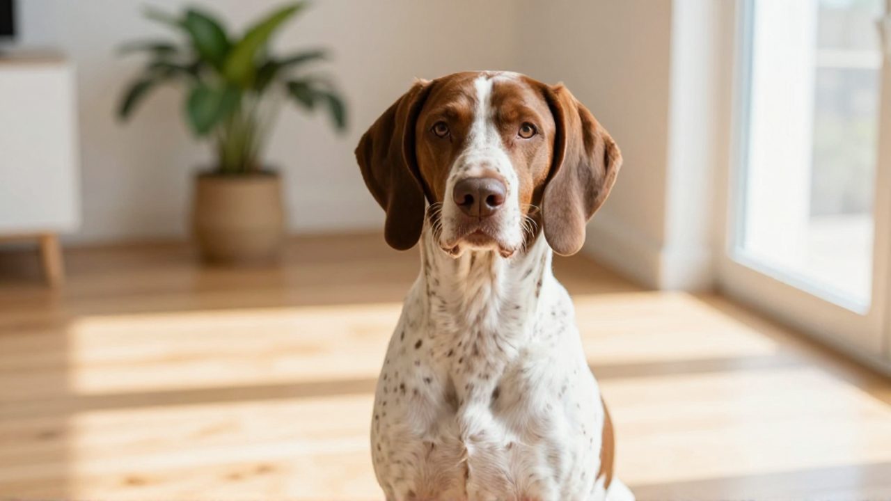 Perro Pointer de pelaje blanco con manchas marrones sentado tranquilamente en una sala de estar iluminada.