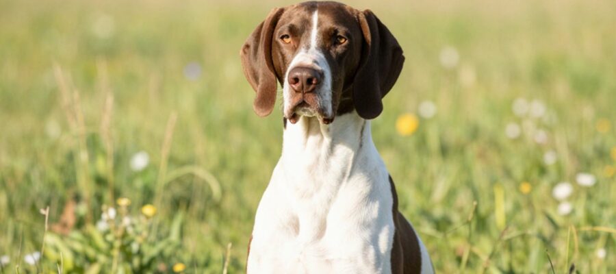 Perro de raza Pointer con manchas marrones sentado alerta en un prado soleado.