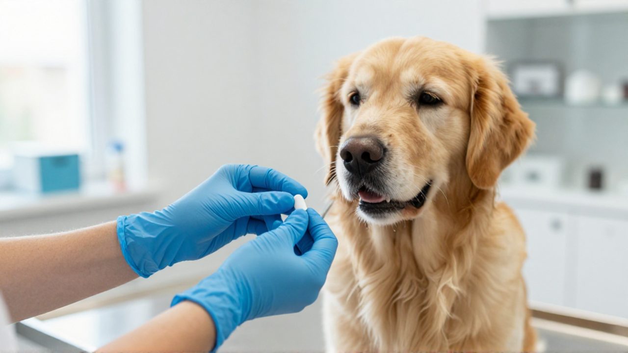 Un veterinario con guantes azules sostiene una tableta blanca cerca de un perro Golden Retriever sobre una mesa de examen en una clínica.