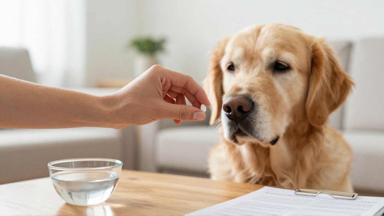 Mano de una persona sosteniendo una pequeña pastilla blanca cerca del hocico de un perro Golden Retriever en un entorno doméstico.