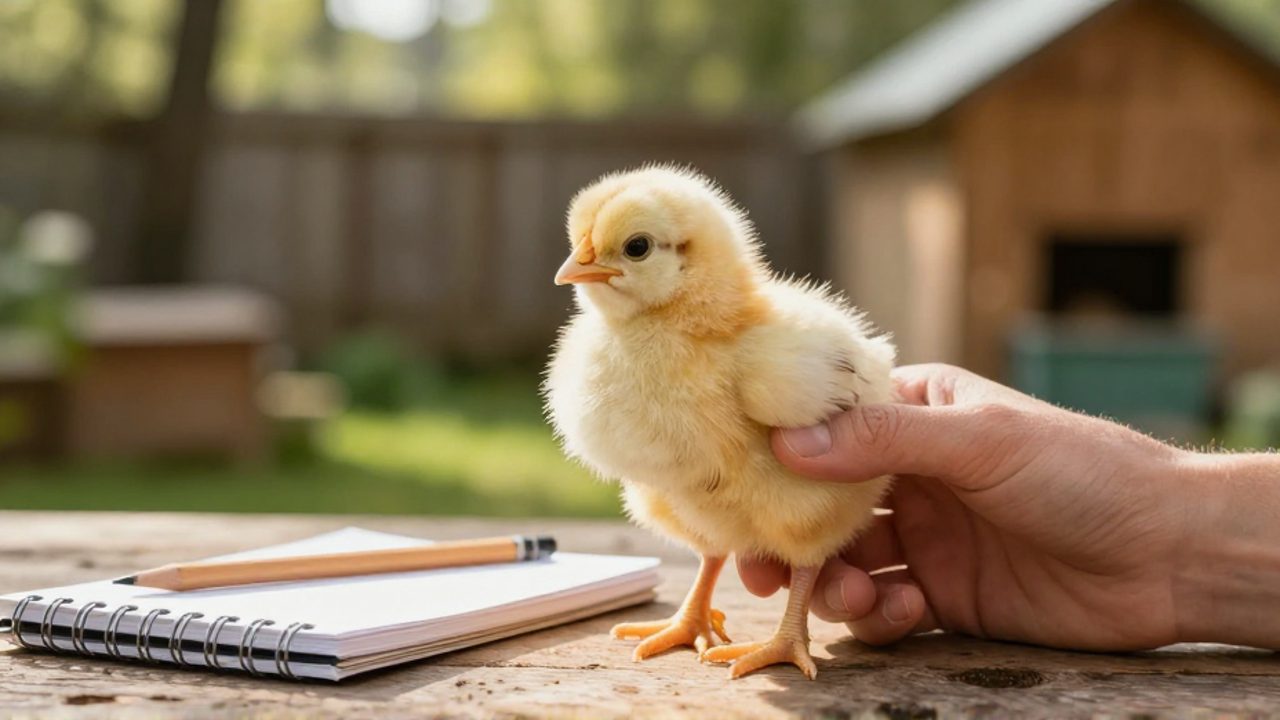 Una mano sostiene con delicadeza un pequeño pollito amarillo sobre una mesa de madera junto a un cuaderno y un lápiz.