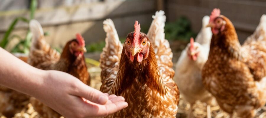 Una mano acaricia suavemente a una gallina de plumas coloridas entre un pequeño grupo de aves en un gallinero iluminado por el sol.