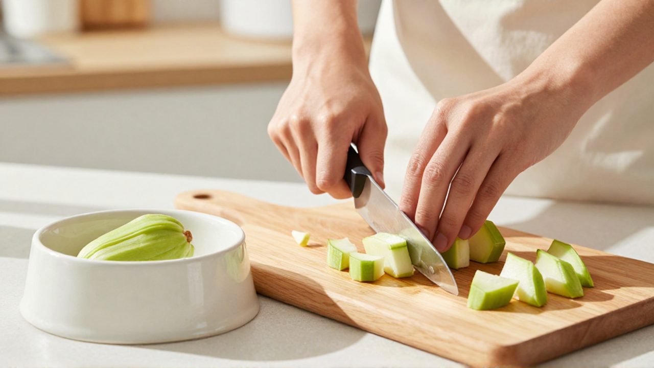 Unas manos cortan en cubos pequeños chayote cocido sobre una tabla de madera junto a un cuenco para perro.