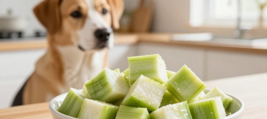 Un perro sentado tranquilamente junto a un cuenco con trozos de chayote cocido en una cocina luminosa.