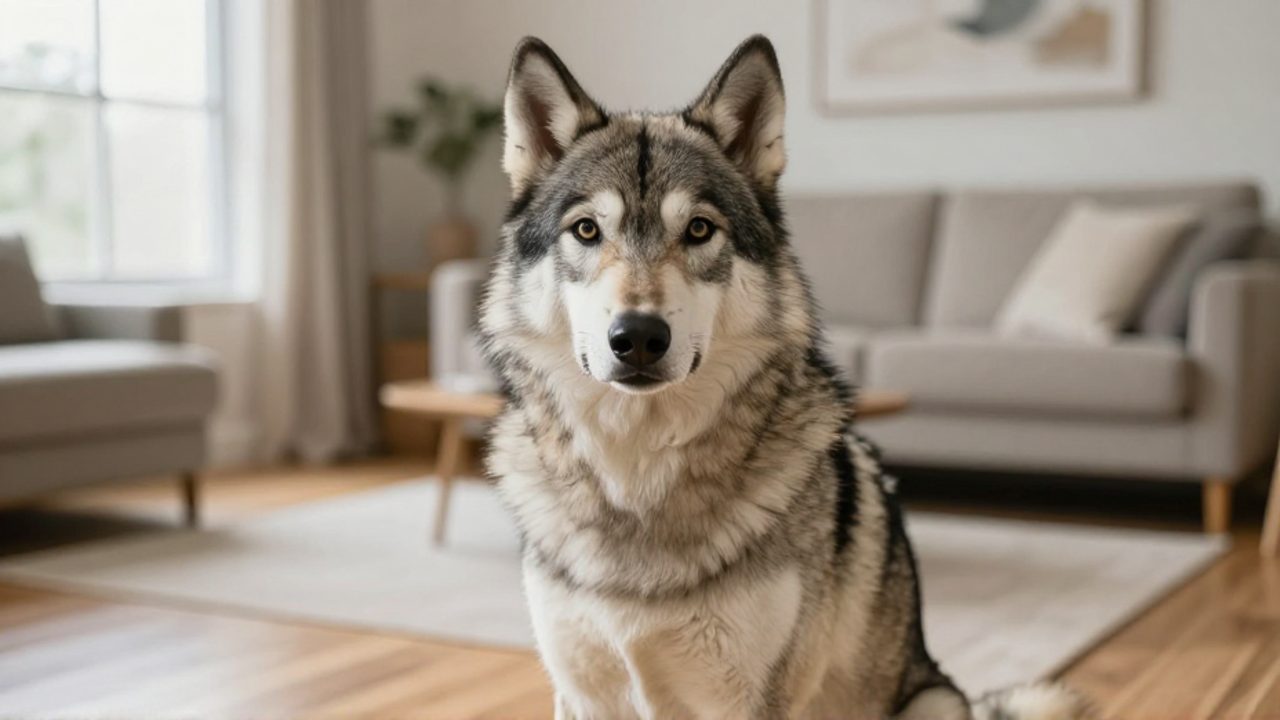 Perro Utonagan de pelaje gris y blanco sentado tranquilamente en una luminosa sala de estar.