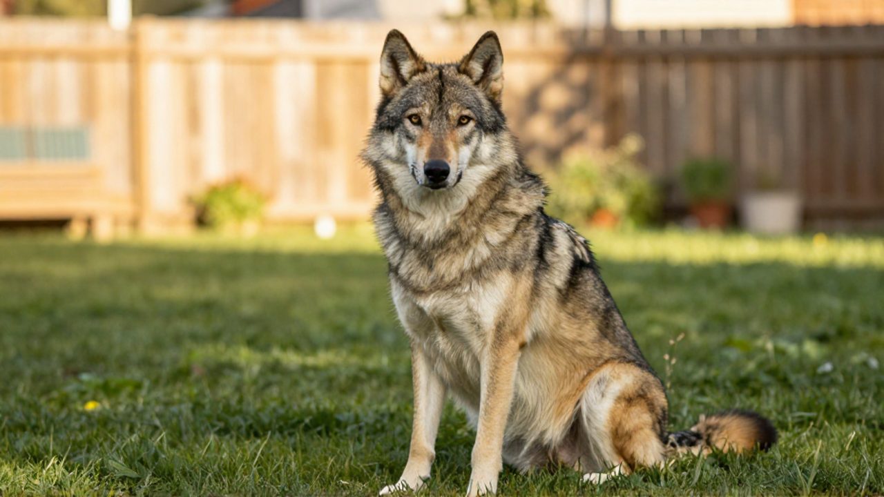Perro Utonagan de pelaje gris y sable sentado tranquilamente en el césped de un jardín residencial.