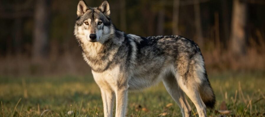 Perro Utonagan de pelaje gris y blanco con apariencia de lobo, de pie sobre un prado de hierba con un bosque al fondo.
