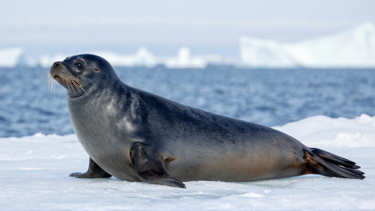 Foca de pelaje norteño descansando sobre un bloque de hielo en un paisaje ártico.