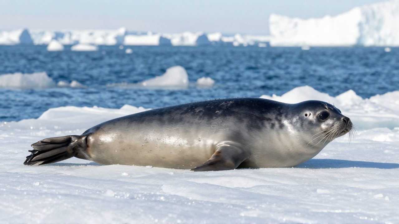 Foca Weddell con pelaje oscuro descansando sobre un bloque de hielo fractured en medio del océano Ártico.