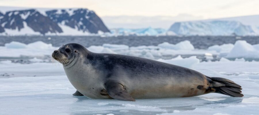Una foca común descansa sobre un bloque de hielo en un entorno ártico rodeado de montañas y océano.