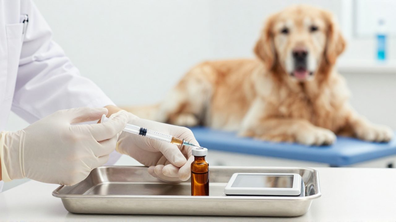 Manos de un veterinario preparando una dosis precisa de medicamento con una jeringa y un vial sobre una bandeja clínica, con un perro Golden Retriever descansando al fondo.