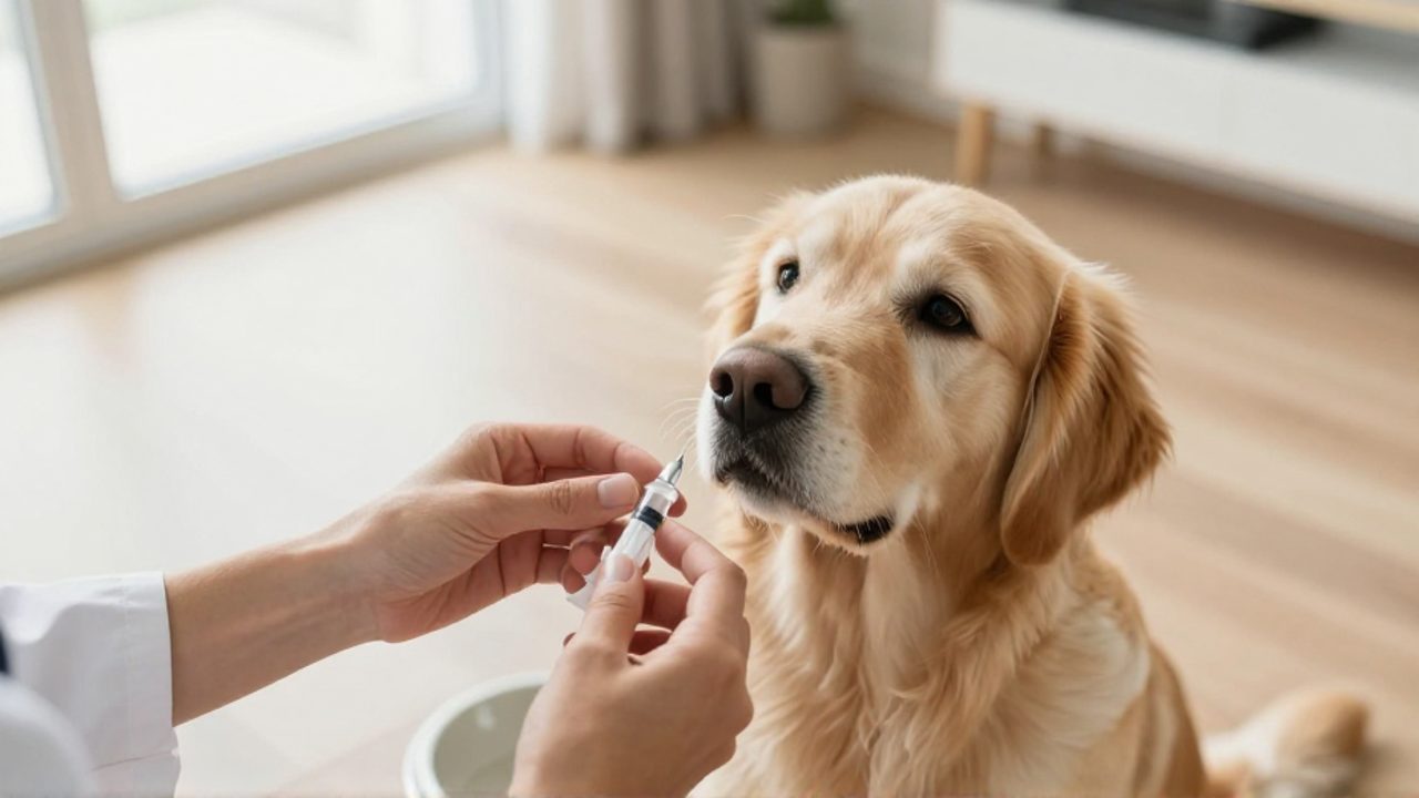 Un dueño prepara con cuidado una dosis de medicamento con una jeringa oral para su perro Golden Retriever en un entorno doméstico.