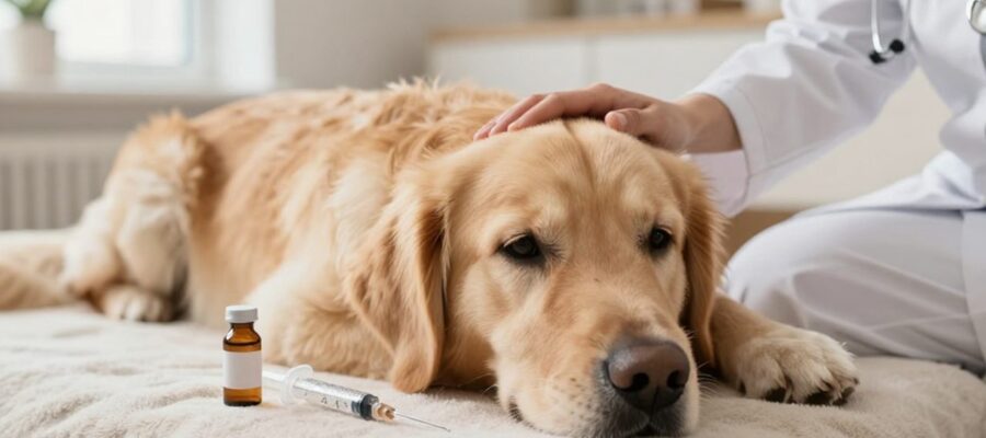 Un perro Golden Retriever descansa tranquilo en un ambiente doméstico junto a un vial de medicina y una jeringuilla, mientras la mano de un veterinario lo acaricia para darle calma.