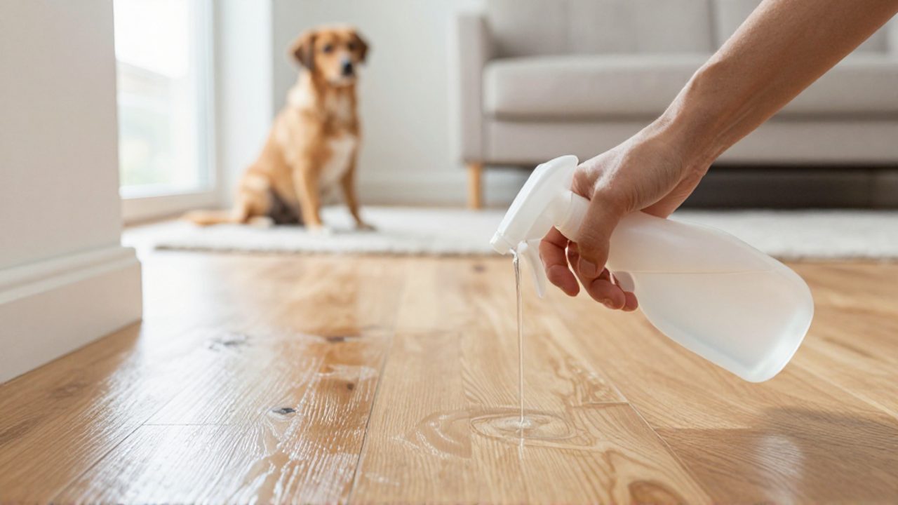 Una persona aplica un líquido con un pulverizador sobre un suelo de madera mientras un perro observa tranquilo al fondo.