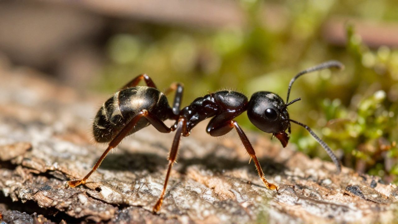 Hormiga carpintera negra caminando sobre una corteza, mostrando cómo tres de sus patas forman una base estable mientras las otras tres se levantan.