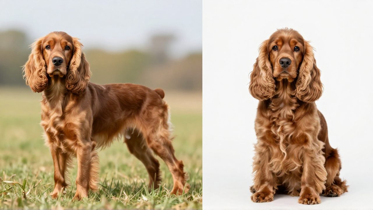 Comparación entre un Cocker Spaniel inglés de complexión atlética en un prado y un Cocker Spaniel americano de pelo largo y silueta redondeada en un estudio.