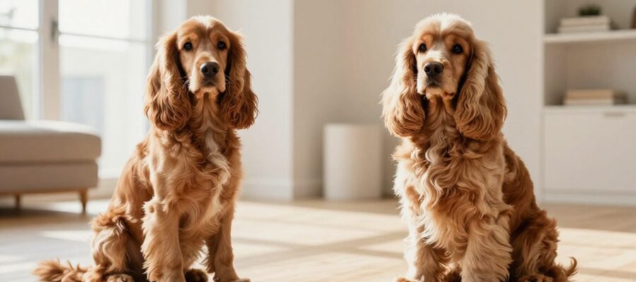 Un Cocker Spaniel inglés de complexión atlética y hocico alargado junto a un Cocker Spaniel americano de cuerpo compacto y pelaje denso y largo.